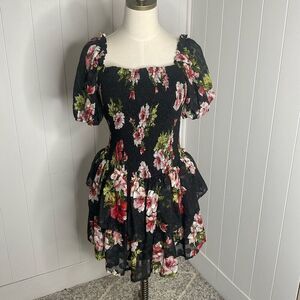 Vici Women’s Small Black Pink Ruched Ruffled Floral Puff Sleeve Mini Dress